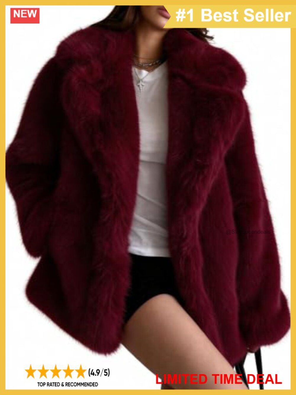 Faux Fur Mid Length Coat Long Sleeve Shawl Collar Winter Jacket